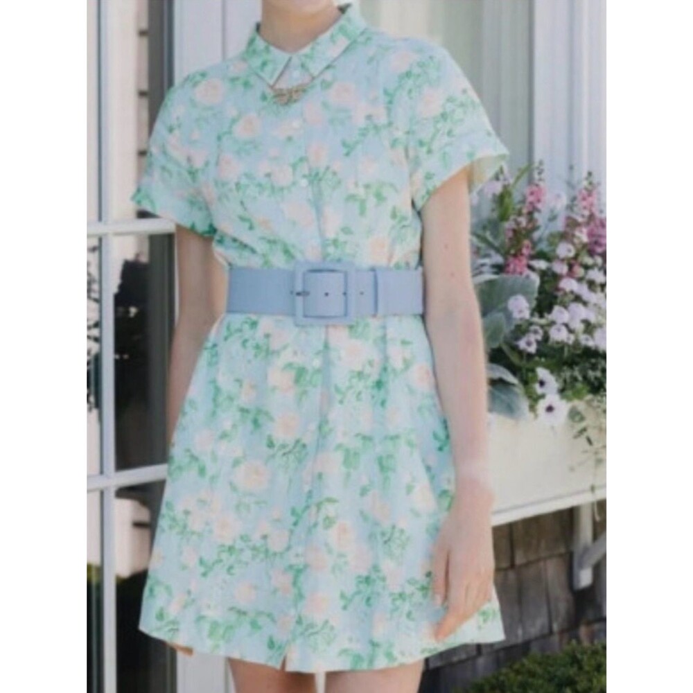 Hill House Home Laura Button Down Shirt Dress Blue Roses Linen Size Large